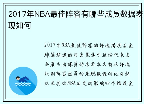 2017年NBA最佳阵容有哪些成员数据表现如何